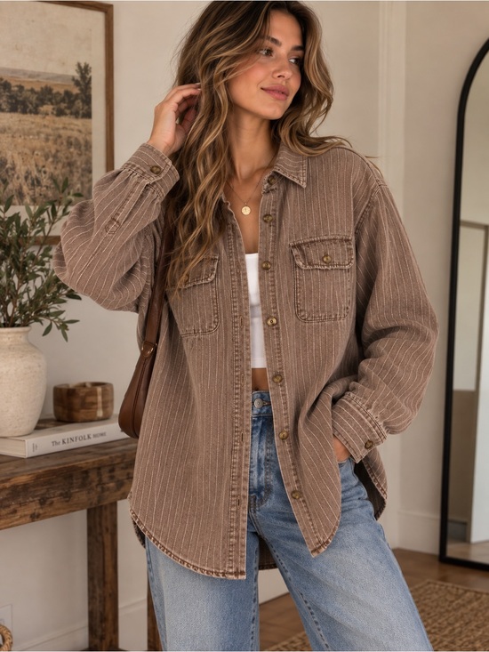 Sunday edition Jackets & Blazers - Sunday Edition Brown Pinstripe Oversized Barn Shacket Jacket NWT Size Large